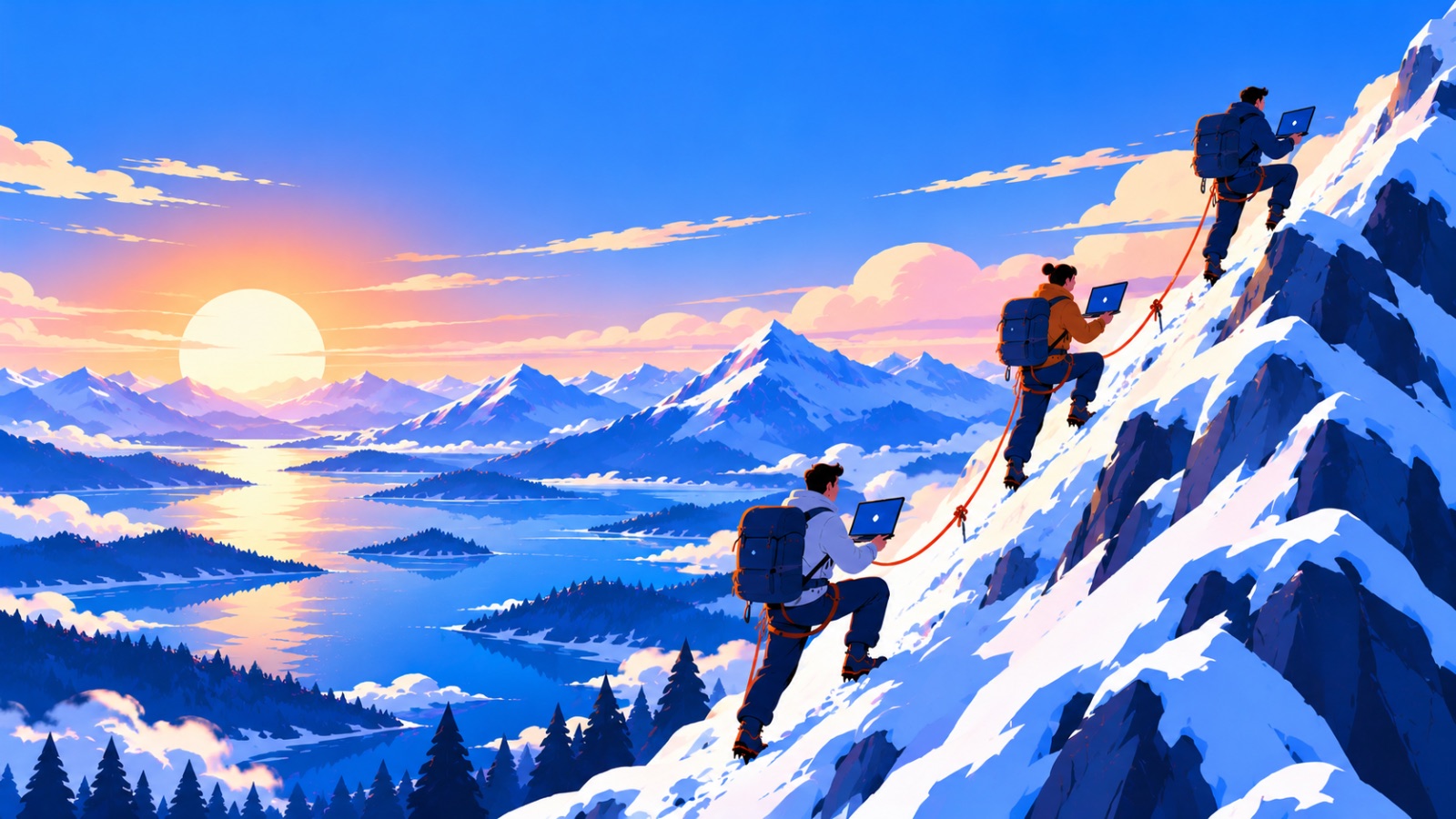 Three climbers roped together, working on laptops while climbing a snowy mountain at sunrise